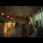 **Filmed on Alexa LF with Canon K35s and a 35mm lense - make this storyboard a highly cinematic image. She sits in a waiting room of a large doctors office. It's 4:30pm with cool interior lighthing and warm daylight. Remove the people in the background and the man sitting behind her on his phone. In the back left is a checkin desk.** - Image #2 <@746122271680102411>