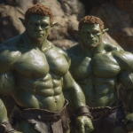 **Realistic 3d rendering. Full body portrait of two characters. ruggedly handsome, Hyper muscular handsome twin green skinned orcs, bright silver eyes, short curly redred hair, short pointed ears, defined muscles, pronounced features, hyper muscular, wide Grecian nose, strong square jaw, defined cheek bones, masculine features, freckles. Bodybuilder. wearing a tight short leather skirt. His oiled skin glistens under intense studio lighting. A strong camera flash highlights the shine on his muscles, creating bright reflections on his body, arms, and thighs. Retro fitness photography style, slightly exaggerated lighting contrast, 90s magazine aesthetic, center-framed, studio portrait shot. Standing and posing in a sunny rocky field. --ar 5:6** - Image #1 <@1222981214734913607>
