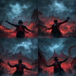 **<https://s.mj.run/prtaYJlQqPI> match this picture and add a carnival ring master wearing a red vest and black suit with no face under his black top hat is welcoming you with his right arm to the creepy weird Lovecraftian carnival filling the background, as a front page art piece painting, --ar 8:11 --v 7.0** - Variations (Strong) by <@1035886146422583346> (fast)