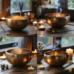 **Realistic close-up of a Tibetan sound bowl placed on a wooden meditation floor, surrounded by soft candlelight. Two silver tuning forks rest neatly beside the bowl. Wisps of incense smoke drift in the background on a window sill. The lighting is warm and diffused, with natural shadows and subtle highlights on the bowl’s rim. The setting feels calm, sacred, and minimalist no people, no clutter. Emphasize texture detail on the brass bowl, the wood grain beneath it, and the glow of the candles. Photography style: ultra-realistic, depth of field focus, peaceful atmosphere, high-resolution professional studio lighting. --v 6.0 --s 750** - Variations (Strong) by <@1090630909448949831> (fast)