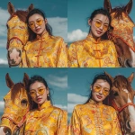 **Ultra realistic high resolution full length photo of a young pretty Asian girl happily wearing bright chinese new year shirt with modern fashion sunglasses, posing happily next to a bright color horse, the background is minimal, hyperrealistic scene. --s 250** - Variations (Strong) by <@1128173036579856408> (fast)