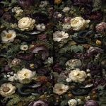 **a dark, moody, victorian oil painting of a black snake slithering through a cluster of flowers in deep tones of black, gray, cream, and dark purple, as well as ferns, moss, and thickets. --ar 3:4 --v 7.0** - Variations (Subtle) by <@693132661379825714> (fast)
-# Create, explore, and organize on [midjourney.com](<https://midjourney.com/imagine?from_discord=1>)