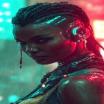**realistic cyberpunk black female at night in a neon city background, red and turquoise. Strong with light from above, on the face. High contrast. The female is looking towards the camera 3/4 view, she has braids and a side shave, glowing eye cyber gear, glowing ear cyber gear. --ar 9:16 --v 7.0** - Image #2 <@1174469651695144981>