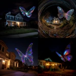 **POV facing the front yard of a home in the pitch black night, large colorful sparkly butterfly is spiraling upward in flight on the right of the viewpoint --no lights** - <@617438927111979019> (fast)