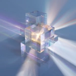 **A constellation of transparent prisms suspended in space. Aqua beams (TC) and violet beams (PARP) refract/reflect and precisely converge into a central white-to-gold luminous core (ICI). Abstract, clean, clinical, professional. No text, no logos. Optics/physics-inspired with subtle volumetric light and gentle caustics; minimal particles. Color codes: TC #2AC4D6, PARP #6E47E9, ICI #FFFFFF→#F7E7A1. Background: light-blue to white gradient. High resolution, additive glow controlled (not overblown), highlights just below clipping. No literal cells/tumors.** - Image #2 <@1143439331013431326>