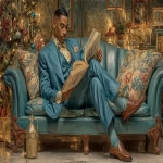 **Ernie Barnes art at Christmas, reading the Urantia Book, 8k, --chaos 99 --ar 8:5 --exp 50 --stylize 750 --v 7.0** - Image #3 <@843177938186797076>