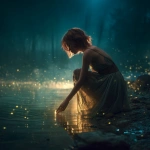 **young woman kneeling beside a glowing lake at night, shoulder-length hair falling forward, soft copper-brown highlights catching ethereal light, wearing a sleeveless flowing dress with thin straps, fabric damp at the hem, hands reaching toward the water’s shimmering surface, bright mystical light rising from the reflection, fireflies drifting around her, cinematic lighting, high contrast, soft atmospheric fog, enchanted forest ambiance, hyper-detailed, photorealistic, dreamy fantasy mood, 8k, volumetric light, deep blues and silver tones** - Image #3 <@876267919003238460>