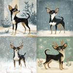 **A black tan and white Chihuahua (from the reference image) illustrated in a retro mid-century Christmas style, depicted as a young reindeer with antlers in a snowy winter scene. Soft vintage textures, hand-painted look, nostalgic holiday aesthetic, classic 1950s Christmas card illustration style --ar 4:5 --v 7.0** - <@776899577458589780> (fast)