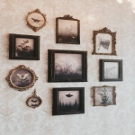 **several mahogany frames of goth aesthetic images hanging on a wallpapered wall, dark academia aesthetic, cottagecore --ar 9:16 --s 750 --p hq1xebf** - Image #1 <@1007106543935823902>