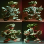 **Abstract, long-exposure portrait of a kid dressed as a head of lettuce in Belle Epoque fashion, their silhouette blurred in fluid motion beneath flickering gaslight chandeliers. Cascading layers of delicate lettuce ruffles and lace sleeves dissolve into painterly streaks, evoking a surreal fusion of haute couture and garden whimsy. The darkened room suggests a velvet-draped Parisian theatre, bathed in grainy soft focus and lit by ethereal turquoise and dusky rose highlights, casting shimmering reflections on lacquered floors and stained-glass panels. Their verdant costume flows like ink in water, caught mid-gesture in a ghostly sweep of time. A nostalgic film grain overlays the entire image, like a lost glass-plate negative, while soft light blooms around their figure, forming a gentle halo of innocence and mystery. The mood is poetic and otherworldly as if captured during a Belle Époque séance inside an art nouveau dream. High resolution, surreal motion blur, tonal color grading, and cinematic lighting. --ar 2:3 --profile sdrrzng --ow 50 --stylize 350 --oref <https://s.mj.run/5UfkGHZpf1w> --c 55 --v 7.0** - Variations (Strong) by <@1197624915298357348> (relaxed)