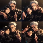 **Still taken shot from anime episode - Levi Ackerman from Attack on Titan and Satoru Gojo from Jujutsu Kaisen. Gojo has white hair, his arm around Levi's shoulder and is posing with a big smile and making a peace sign, Levi has black hair, has his arms crossed and looks slightly annoyed against a black background with sparkles in the art style of attack on titan anime. Friendship-style pose, Anime TV art style, attack on titan, jujutsu Kaisen. Uniform details, beautiful lighting, anime art, manga --niji 6** - Variations (Strong) by <@774763495555072010> (fast)
