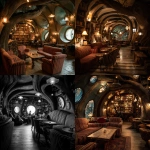 **a cozy café in the style of tim burton, located inside an ancient tree with a spiral trunk and tables made from wooden branches. the walls are decorated with bookshelves and round windows. the interior is dimly lit by vintage lamps, casting intricate shadows on striped sofas and chairs. in one corner, there's a mysterious figure sitting at a table, adding to the whimsical atmosphere.** - <@450898678975168513> (fast)