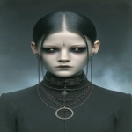 **cosmetic full black sclera contacts, her eyes are black like a dolls eyes, godless she stares into the abyss, blacked out eyeballs, wide iris with misty volumetric environment --ar 2:3 --sref 24 6 15 13 <https://s.mj.run/p-Ixz3s9pNM> --p ajjw9qi --exp 50 --sv 4 --s 666 --v 7.0** - Image #1 <@788265797444173834>