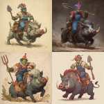 **In dungeons and dragons style. An orc male wearing overalls, holding a shovel. Riding a large boar that is wear a clown hat.** - <@291036075151982594> (fast)