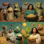 **A white woman in Africa with Oprah Winfrey holding corn to the left of her and a green bear like creature holding popcorn. Above the white woman is a hay bale flying** - Remix (Strong) by <@846201883139375114> (turbo)