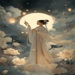 **a dreamy Mid-Autumn Festival scene, featuring Chang’e the moon goddess dressed in flowing traditional hanfu, gently spraying an elegant transparent perfume bottle with no label, standing under the glowing full moon; background of luminous clouds, floating lanterns, and soft blooming flowers, atmosphere of "花好月圓" with romantic circular motifs, palette of moonlight silver, soft gold, and deep midnight blue, cinematic lighting, refined mystical mood, no smoke, no fog, premium editorial fantasy photography --ar 9:16** - Image #4 <@1090872516857299025>
