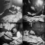 **abrahm vermont, un escritor adulto de 30 años en 1915 en rosario duermiendo acostado en el piso de noche. se tapa con diarios porque no tiene frasada. cubierto por los ejemplares de diario como sabana. 'the vols stimme' su diario escrito en idish litografiado. Vive entre sus palabras en su cuarto muy pequeño de conventillo y con pocas cosas, para escribir y litografia. Escena de pelicula de thirller moderno ambientado en 1910 pero con la calidad actual de cine profesional. Vermont es dejado, tiene bigote largo pero sin barba y poco pelo y un poco gordo, viste formal, pero gastado.** - <@985959374633717780> (fast)