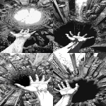 **a black and white manga panel in the style of kentaro miura, depicting the top view of an open hand coming out from inside a huge hole in city buildings. the hand is extended towards the viewer. there's a vast void falling into that big hole, creating a surreal scene. the perspective should be looking down at the bottom of that gigantic sinkhole with the hand reaching out. use the art style in the style of katsuhiro otomo and jean giraud, with bold lines, realistic details, and gritty textures --ar 9:16 --v 6.0** - <@1010620515506995221> (fast)