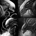 **black and white illustration / of an alien xenomorph / ripped man / infused with massive biomechanical tendrils / etched with intricate textures / heavy industrial aesthetics / dark futuristic fantasycore / flowing brushwork / masterful draftsmanship / atmospheric / eerie / foreboding / grainy / gritty / grungy / macabre / menacing / moody / mysterious / ominous / phantasmagorical / strange / uncanny** - <@1080572898269466724> (relaxed)