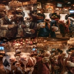 **photo of two mafia style cows dressed like kings, wearing crowns with lots of gems on the crown. the two cows are at a party and are holding their arms out with drinks in their hands doing a cheers motion to celebrate. background is a lively bar decorated with a royal theme. --ar 2:3** - <@1103975769467789322> (relaxed)
-# Create, explore, and organize on [midjourney.com](<https://midjourney.com/imagine?from_discord=1>)