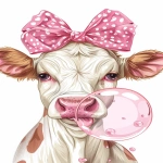 **a cute cow face with a big pink polka-dot bow, blowing a bubblegum bubble, squinting one eye, white background, cartoon style, pop art, high detail, symmetrical --v 6.0 --ar 2:3** - Image #1 <@1221876511502504019>