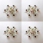 **simple, yet elegant tabletop, view is looking down on it, elegant ivory linen tablecloth, centerpiece of pink and white roses, six (6) steaming coffee cups symmetrically placed at each of the six (6) table settings** - Zoom Out by <@1141845422852280493> (turbo)