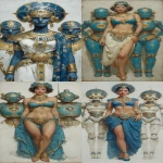**watercolour sketch by Gil Elvgren, Cleopatra, warrior queen of Egypt and her stylised robot guards, blue and gold colour theme --ar 1:2 --exp 50 --stylize 750 --v 7.0** - <@1055677459909066842> (relaxed)
-# Create, explore, and organize on [midjourney.com](<https://midjourney.com/imagine?from_discord=1>)
