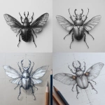 **majestic beetle, wings full spread, point of view straight down, pencil sketch, realistic --v 7.0** - <@1202707032818458747> (fast)