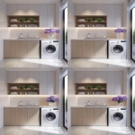 **modern apartment laundry room, one washing machine, sink, cabinets, light color palette, potted flowers, laundry products on shelves, clean and minimal design, bright natural light, cozy and organized, realistic, frontal view --v 6.0 --ar 4:5** - Variations (Region) by <@1095141824018010255> (fast)