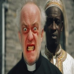**<https://s.mj.run/cwTvEep8bpY> wearing a catholic priest wardrobe with a crazy insane facial expression, standing beside a Nigerian man who is wearing traditional Nigerian wardrobe, old church in the background, realistic, photorealistic, --ar 16:9 --v 7.0 --s 50** - Image #2 <@990985509620842596>