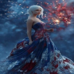 **an ultra realistic, highly detailed, photographic image of a beautiful red, white and blue shimmering gown, worn by gorgeous, standing young woman with white hair, barely touching her shoulders. A smile is on her lips. She is holding a sparkler in one hand as brilliant red, white and blue fireworks fill the sky behind her. HD, --ar 2:3 --v 7.0** - Upscaled by <@1327691479602298971> (relaxed, stealth)