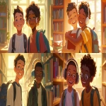 **a medium shot of two realistic illustrated happy 8-year-old students from America, they have a well-defined noses and well-defined jawlines, the first student is an African American male with light brown eyes and very short black hair, the second student is a dark African American male with light brown eyes and curly black hair, they stand with their head and neck and shoulders completely square to the camera and facing forward, their entire body is facing forward, they wear backpacks, they have large headphones on their head, they stand in a library, it is daytime, the sun is shining bright, high-definition, anime-style, --ar 16:9 --niji 6** - <@1065025086664474674> (relaxed)