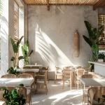 **A minimalist tropical restaurant design, seamless indoor-outdoor flow, white concrete walls, warm wood slats, lush indoor plants, rattan furniture, soft natural sunlight, serene atmosphere, architectural visualization --ar 3:2 --v 6.0** - Image #2 <@1296729788215595112>