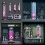 **pixel art spritesheet of high tech lab for a side scrolling game, pink embreo of baby beholder monster in water glass tube --v 7.0** - <@758874491680981014> (fast)