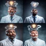 **Photorealistic image of a thoughtful medical doctor in a white lab coat, looking slightly upward with a questioning expression. Above his head, floating conceptual elements: glowing light bulb, metallic gears turning, and a large question mark, all subtly illuminated. Dark blurred background, soft rim lighting on the doctor, professional studio photography style, high detail, black background, crisp focus, 4K realism --ar 3:4 --raw --v 7.0** - <@525310115033645076> (fast)