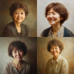 **Yoko Hada, a Japanese woman in her early 60s. Her hair is slightly short and a light brown. She smiles gently, her eyes soft and embracing. She has a slightly plump figure but is short in stature. Portrait. Oil painting style.** - <@1105655477741813870> (fast)