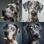 **Female great dane, with blue merle coat. Hyper realistic, eating a glizzy** - <@1144379410347204758> (fast)