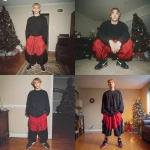 **A young handsome tan skinned white man with dirty blonde wavy short hair dressed in a Y2K Cholo gangster style, wearing a black long sleeve Dickies work shirt and extremely baggy, extra-long, 3XL plain long red and black Nike basketball shorts. His shorts are very long and go down to his ankles and feet. He is wearing Nike Cortez shoes in his house by a Christmas tree** - <@1061360796438900746> (fast)
-# Create, explore, and organize on [midjourney.com](<https://midjourney.com/imagine?from_discord=1>)