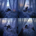 **a couple hovering at the edge of a bed, no contact, intense emotional tension, soft candlelight, flowing white curtains, moonlight spilling across skin, subtle body language, deep eye contact, fingers nearly touching, lavender and sage nearby, ocean tide rising in background, romantic and cinematic, delicate color palette, high-detail fabric and skin textures, poetic atmosphere, soft focus --v 6.0 --ar 3:2 --raw** - Variations (Strong) by <@876267919003238460> (fast)