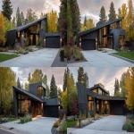 **front driveway view of a soft modern house with sloped metal roof --ar 16:9 --v 7.0** - Variations (Strong) by <@409035117881982988> (fast)