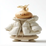 **An onion wearing a white down jacket, with three layers of warm clothing underneath, looks very cozy against a white background --ar 9:16** - Image #1 <@1136547221920296960>