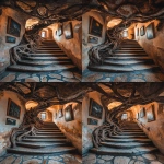 **ancient fortress grand stairway, twisted tree roots on ceiling with elegant stone floors, tree roots stair banister railing, paintings on walls, sunset lighting, 8k detail, shot on a Sony Alpha a7 III camera --ar 9:16 --v 6.1** - Variations (Subtle) by <@941416877790486558> (fast, stealth)