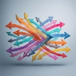 **design thinking divergent paths, multiple solutions to same problem, arrows pointing different directions then converging to innovative third solution, abstract visualization, professional style --ar 4:3** - Image #1 <@794327127260266516>