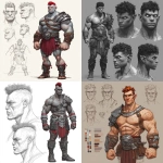 **Character design sheet. Realistic 3d rendering. Character design sheet of a ruggedly handsome, Hyper muscular handsome half orc, bodybuilder, bright silver eyes, short curly red Mohawk, short pointed ears, defined muscles, Huge leg muscles, huge pectoral muscles, big arm muscles, vascular hyper muscular, wide Grecian nose, strong square jaw, defined cheek bones, masculine features, freckles, Bodybuilder, short pointed ears, wearing Roman gladiator armor. --v 7.0** - <@1222981214734913607> (relaxed)
-# Create, explore, and organize on [midjourney.com](<https://midjourney.com/imagine?from_discord=1>)