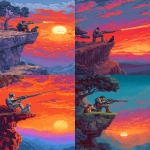 **a man with a metallic arm firing a futuristic rifle off a cliff, a dramatically colorful sunsetis on his right side, his dog is sitting next to him, 8bit color, retro video game rosolution --ar 5:7** - <@481618854582157330> (fast)