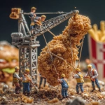 **Prompt: Microphotography, realistic style. A team of miniature construction workers attempting to lift a massive crispy fried chicken drumstick using LEGO-style scaffolding, ropes, and pulleys. Some are covered in crumbs the size of their heads,One figure shovels grease off the floor,Background includes a tipped fast food bucket labeled generically,surrounded by coleslaw and fries like boulders.Cinematic lighting with shallow depth of field,emphasizing the crunchy texture versus the tiny.** - Image #1 <@658207448506695691>
