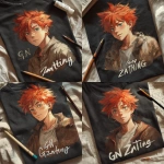**"GN Zanting" written on the T-shirt of a redheaded, anime boy getting ready for bed** - Variations (Strong) by <@967989259942391819> (fast)