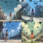 **It measures 16:9 in size, and the style is the style of a 2D flat cartoon. A girl with a 45-degree low angle and two-point perspective is looking up at a futuristic city intersection on a sunny day. Above the girl, numerous black drones move from the back to the front. --v 7.0** - <@1391623149094965368> (relaxed)
