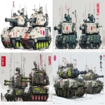 **a dnd style concept art of two feudal japan iron and wooden main battle tank, have different number in the turret, same size but not identical, double barrels canons, dark industrial scifi style, labeled as unit leader and co-leader, white color with digital urban camo patterns and lime - navy hazard markings, mechanical details, Japanese characters insignias and badges, realistic look, moody atmosphere, a little bit foggy, signal antennas, various size nobori, have japanese anime mural on the armored skirts, signal cabbles, on a white background in the style of Studio Ghibli and Makoto Shinkai, cel-shaded, full-body, cartoon, 2D game art --ar 11:5 --v 7.0** - <@1043498067623686144> (fast)