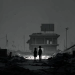 **An evocative and minimalist digital artwork, medium shot, rendered in a dark, monochromatic style consistent with previous designs. The composition prominently features a partially destroyed school building, with distinct architectural elements like classrooms, visible blackboards or educational posters, and perhaps a damaged school sign or playground equipment clearly identifiable in the background. In the foreground, two young, silhouetted figures, seen from behind, navigate through scattered rubble and debris, implying their presence within the converted shelter. The sky above is a uniform dark tone, emphasizing the bleakness of the scene. The figures appear small and vulnerable against the backdrop of the ruined educational institution, highlighting the profound impact of conflict on children and the repurposing of vital community spaces. The overall mood is somber and reflective, conveying the disruption of learning and the precariousness of refuge, presented with a stark and uncluttered visual approach** - Image #1 <@1032195406119043132>